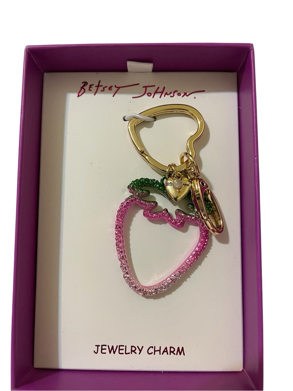 Betsey Johnson Pink & Green Crystal Strawberry Keychain Charm - NWT **